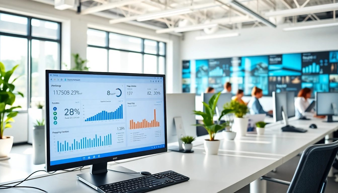 Showcasing call center software operational on screens in a modern office environment, depicting a productive atmosphere.