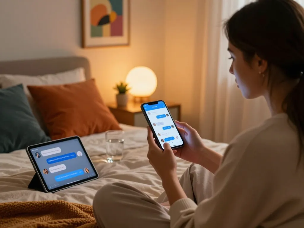 Sexting AI interaction in a cozy bedroom setting with engaging smartphone interface