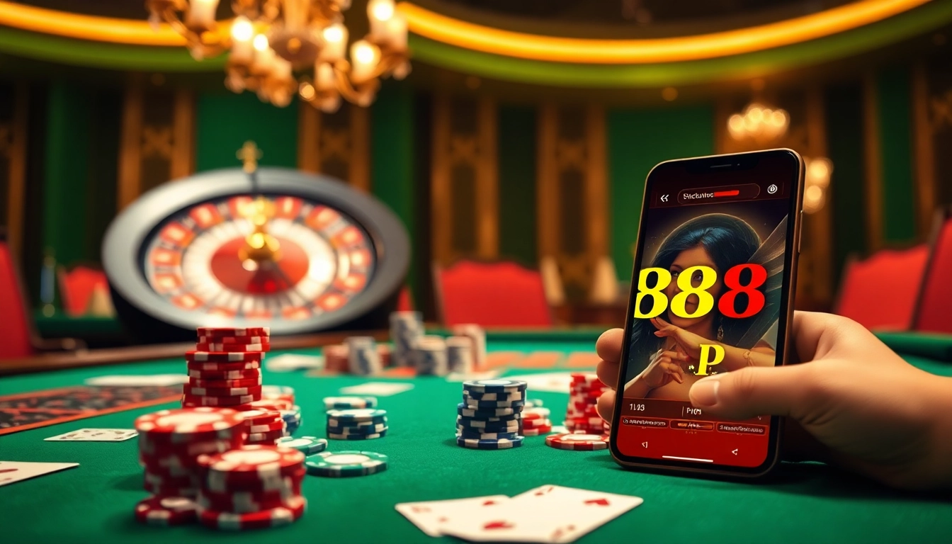 Experience the thrill of nhà cái 188bet with vibrant poker chips and roulette wheels in a luxurious casino.