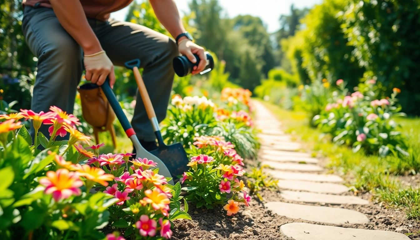 Gardening expert cultivating lush plants in a vibrant garden showcasing blooming flowers.