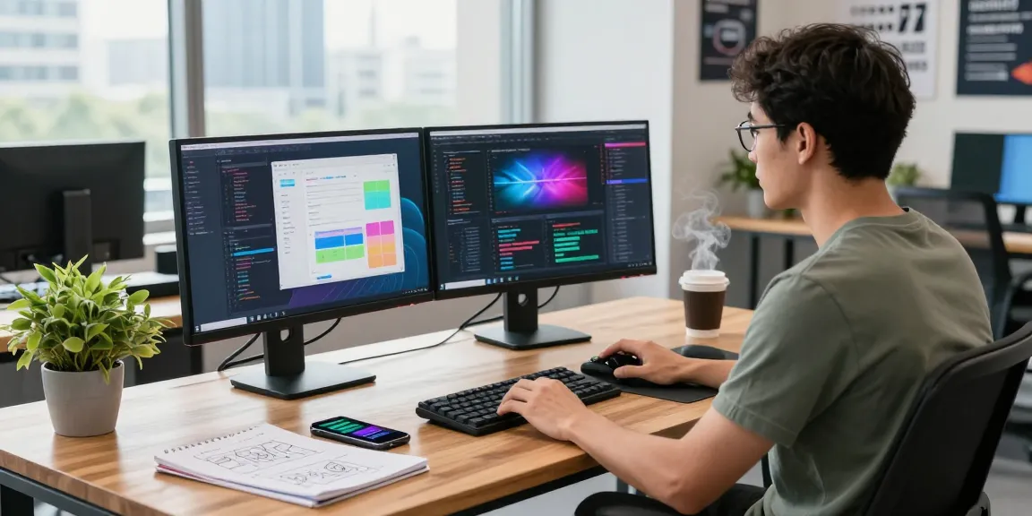 Workspace showcasing a developer coding, embodying the essence of 纸飞机中文版官网 in a vibrant tech environment.