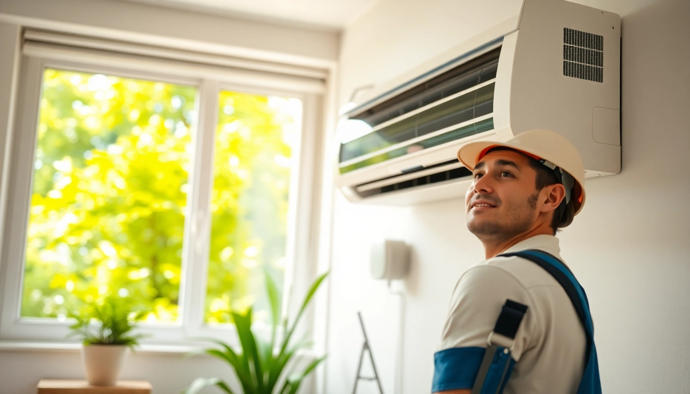 Technician performing AC installation services in a bright residential environment.