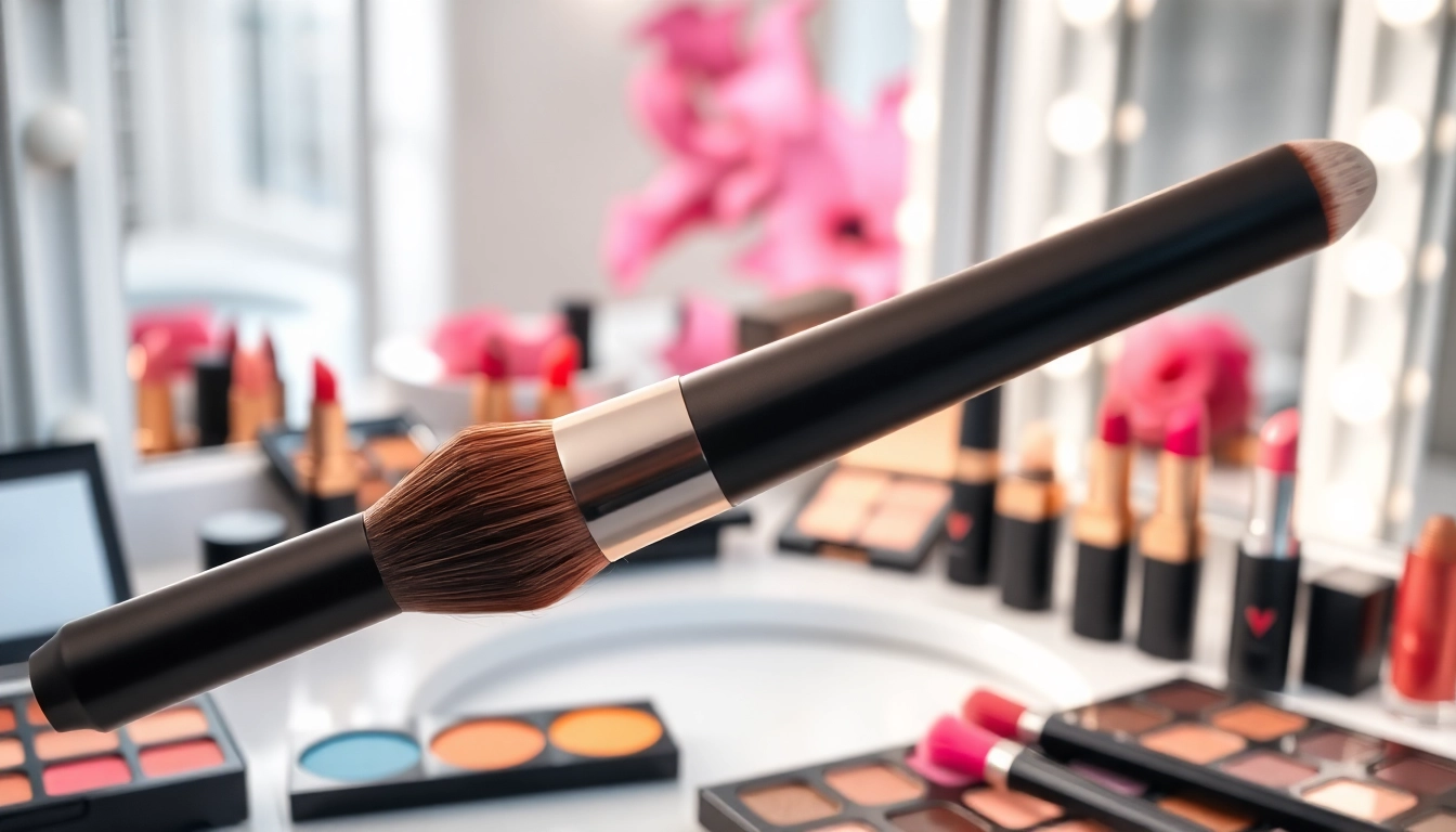 Applying makeup with an angled makeup brush on a stylish vanity.
