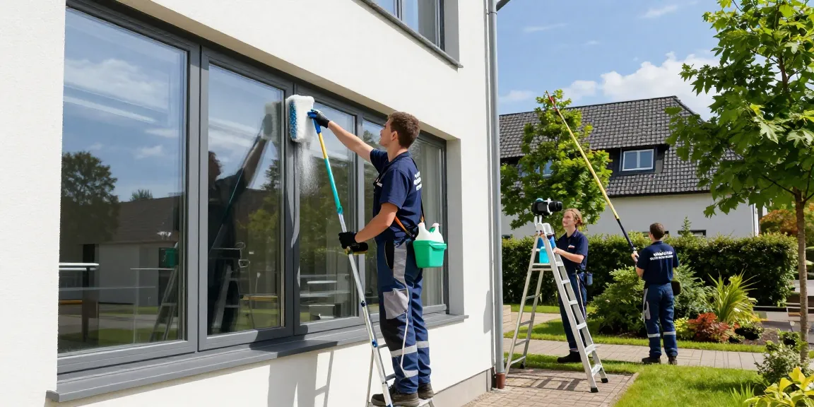 Reinigungsunternehmen in Dortmund bei der Fensterreinigung mit umweltfreundlichen Produkten im Einsatz