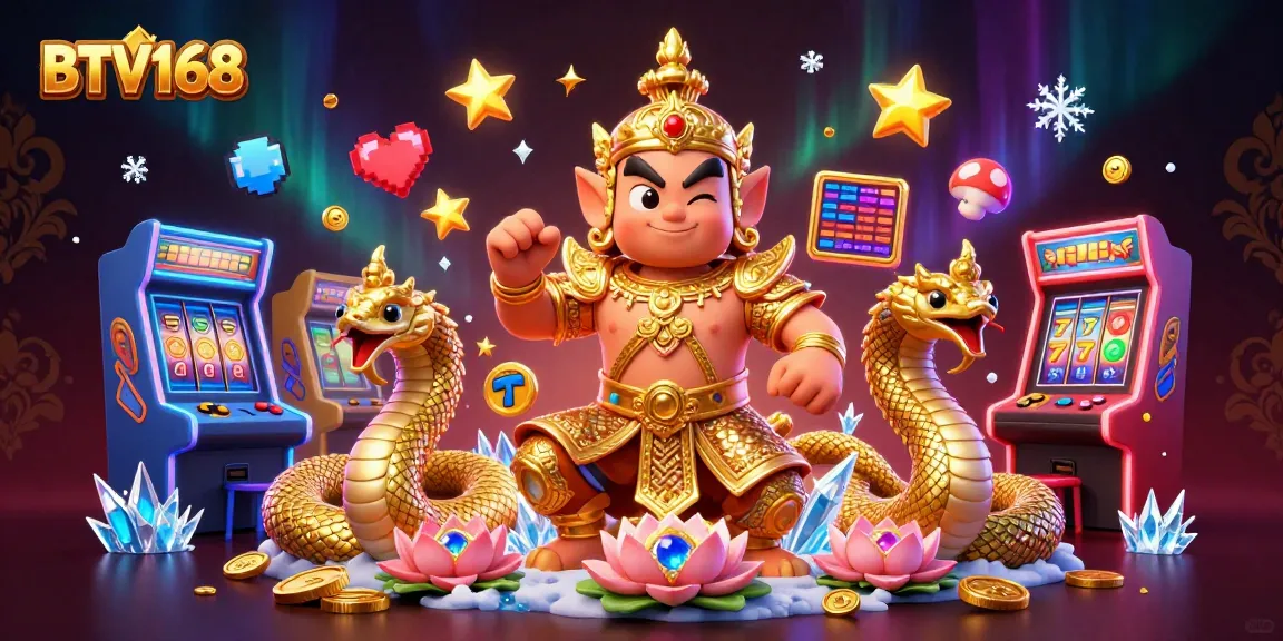 BTV168 showcases a vibrant 3D casino-themed illustration featuring a guardian, Naga companions, and vibrant game elements.