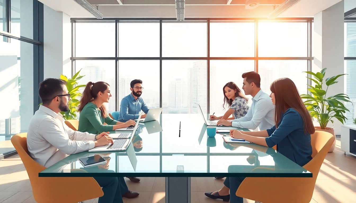 Engage with business growth insights through a diverse team collaborating in a modern office.