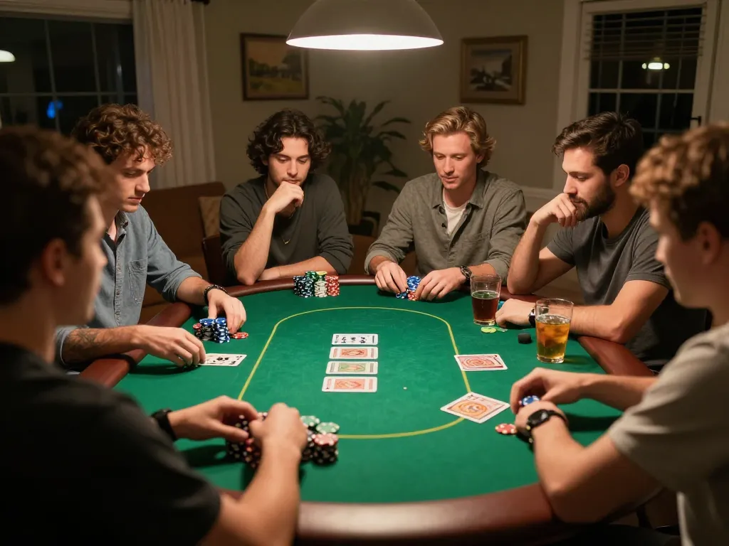 N188 game engaging friends in a lively poker night around a round table with chips and cards.