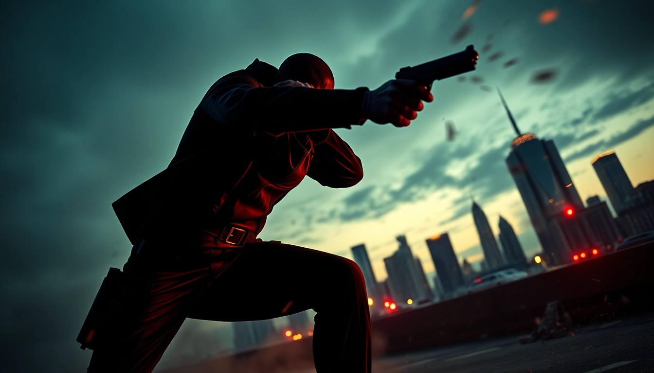 Engaging action thriller scene featuring a mysterious protagonist in urban chaos.