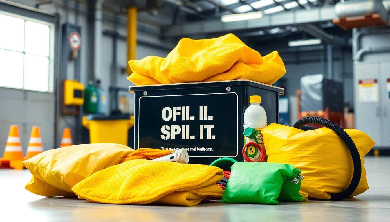 Oil and fuel spill kit Kenya displayed in a clean industrial setting, showcasing safety features and absorbent materials.
