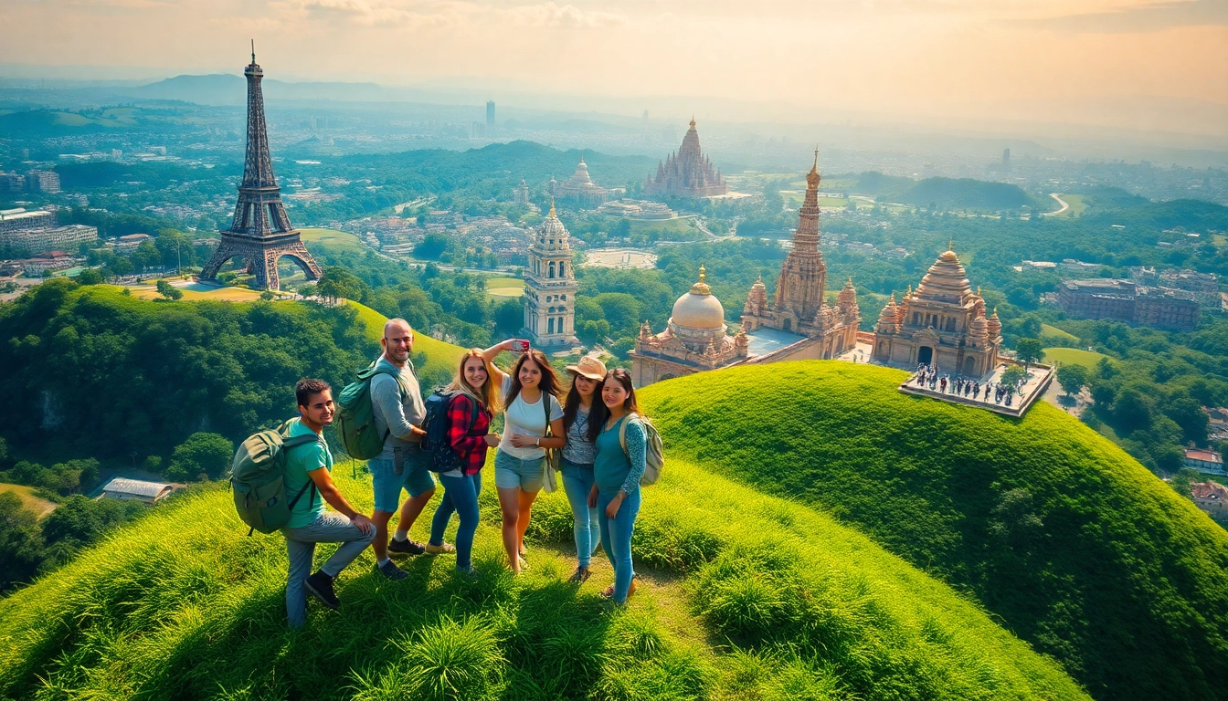 Exciting round the world holidays showcased with travelers against vibrant landscapes.