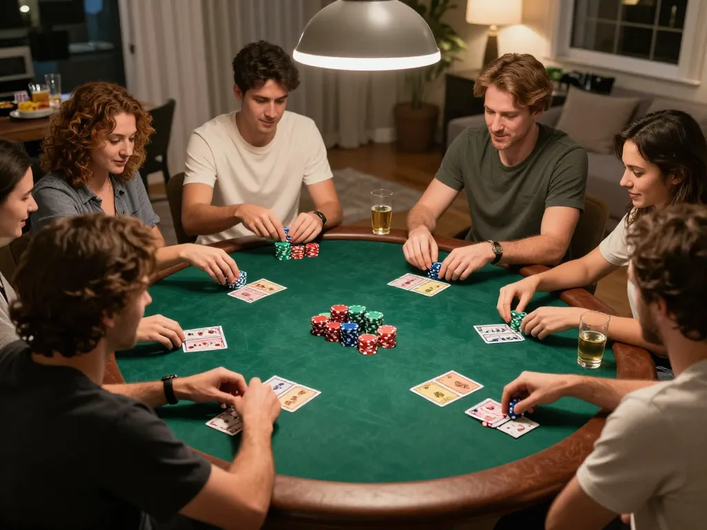 Players at a home poker night strategy session with 678vip chips and cards on the table.