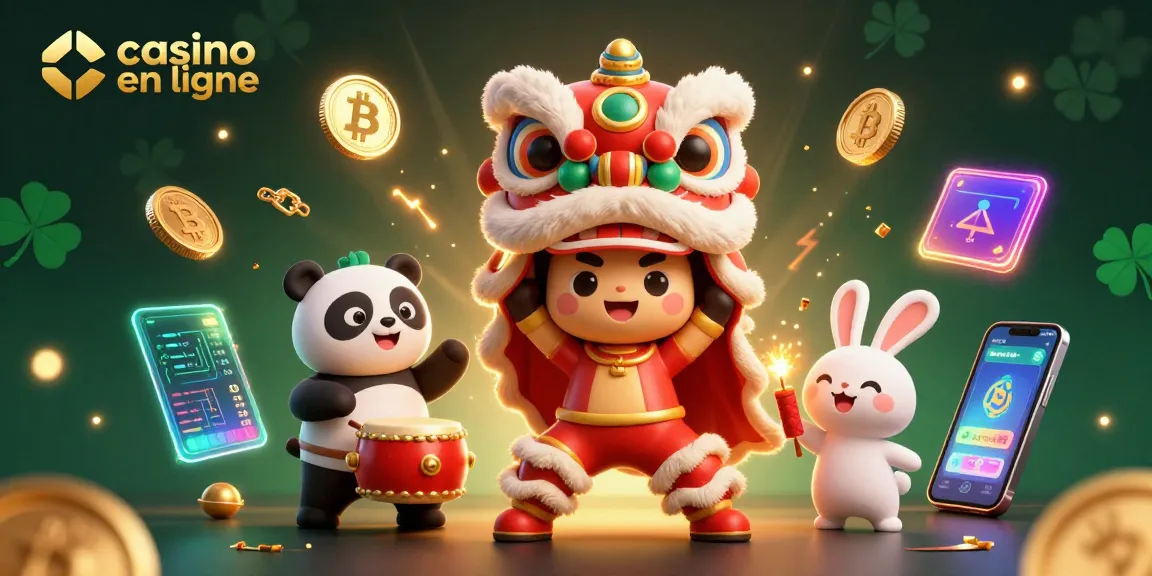 Illustration de casino en ligne avec un lion dansant, crypto-monnaies, et éléments de jeux.