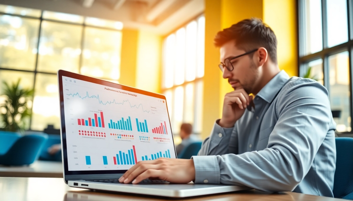 Analyze Performance marketing metrics in a modern office setting with vibrant styles.