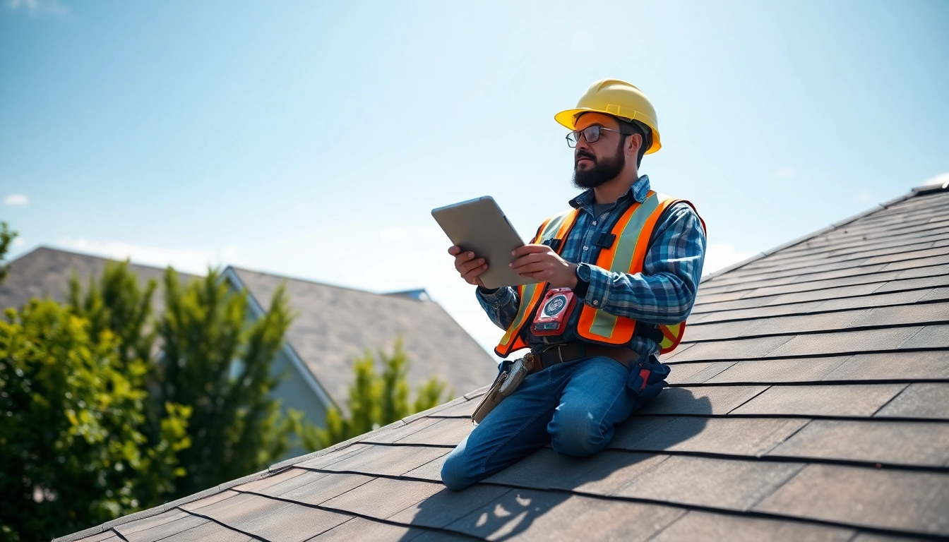 Roof repair expert assessing residential roofing with advanced tools and safety gear.