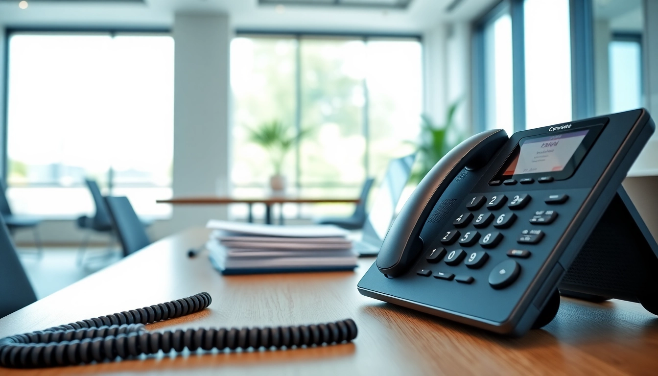 Explore a modern business phone setup in a professional office environment, showcasing efficiency.