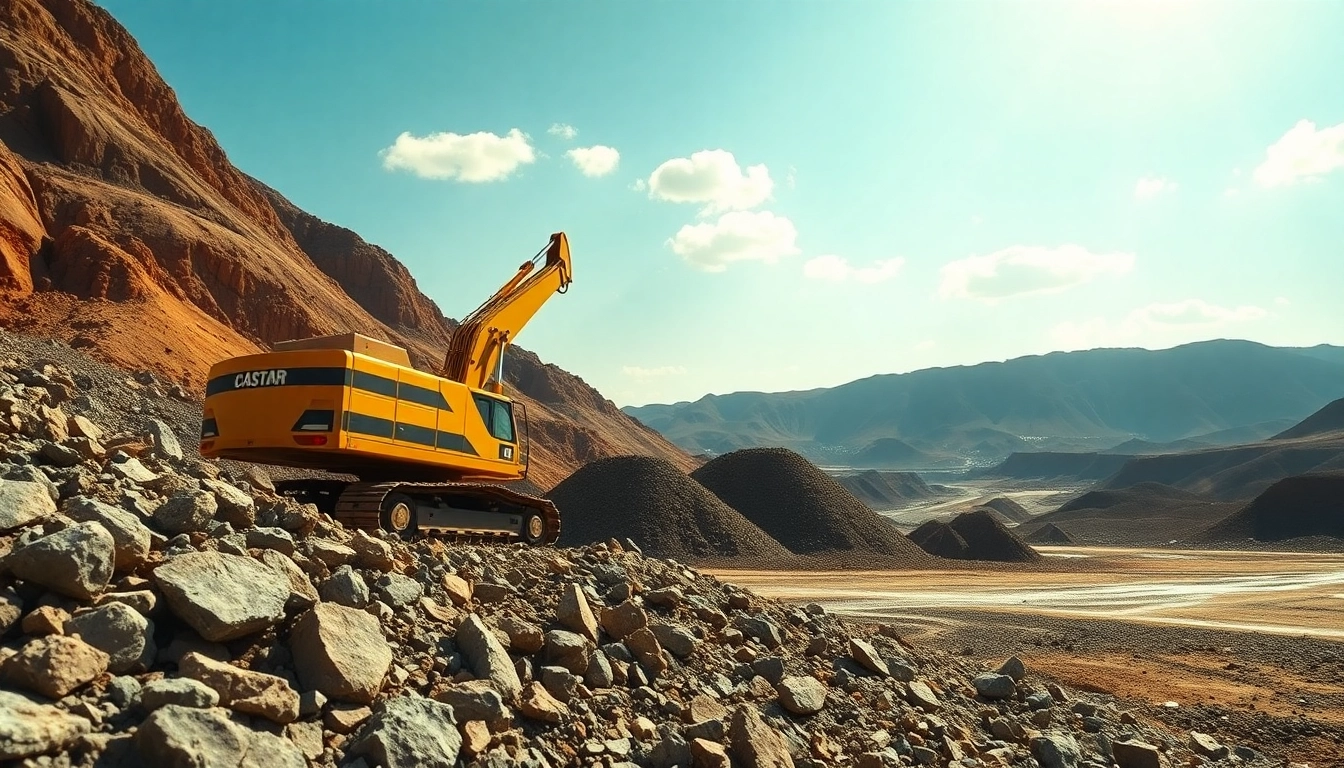 Excavator operating at a mining site, showcasing mining activity and heavy machinery.