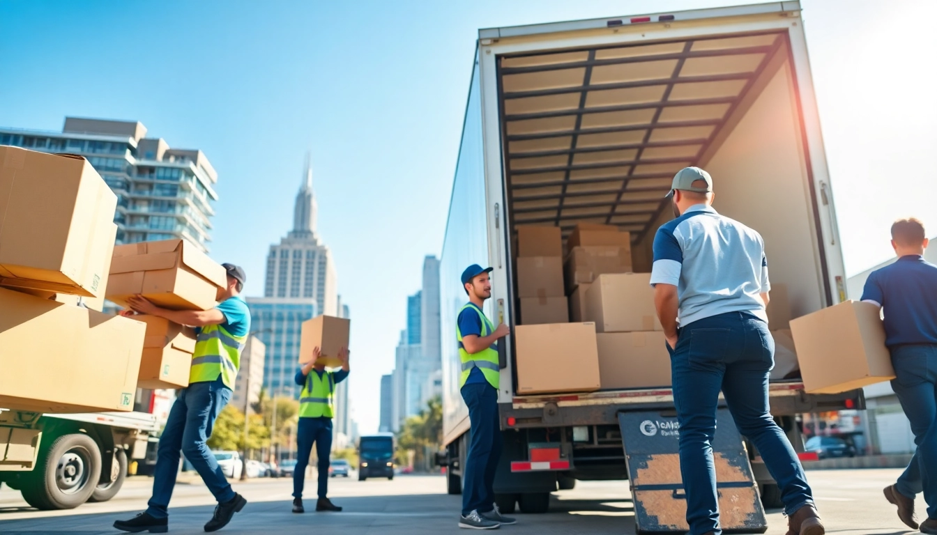 Movers and packers efficiently loading a truck in a vibrant urban environment.