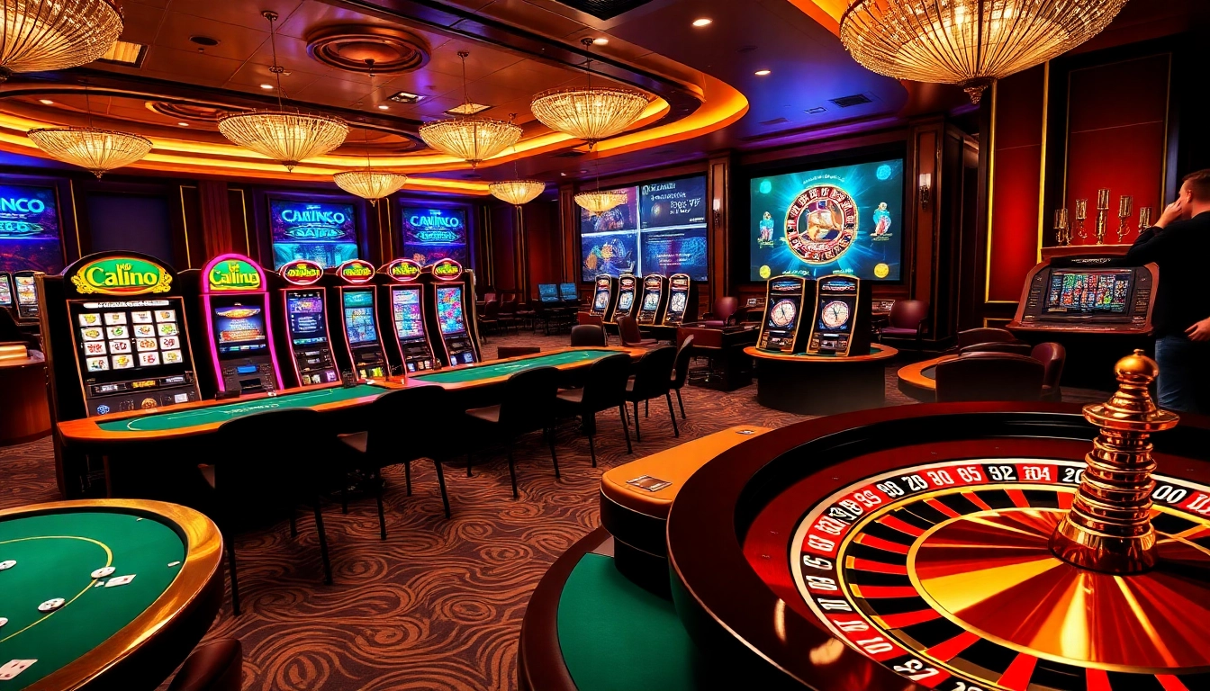 Engaging players at https://okwin68.net/ enjoying a luxurious casino experience with poker tables and slot machines.
