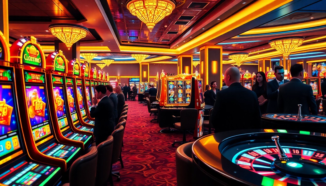 Toto slot machines surrounded by enthusiastic players in a luxurious casino setting.