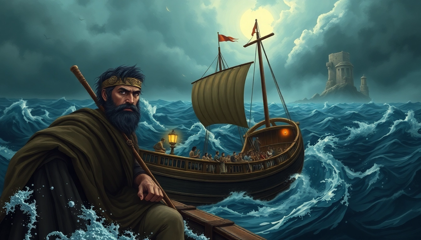 Explore the odyssey meaning origin with Odysseus navigating a tempestuous sea on his ship.