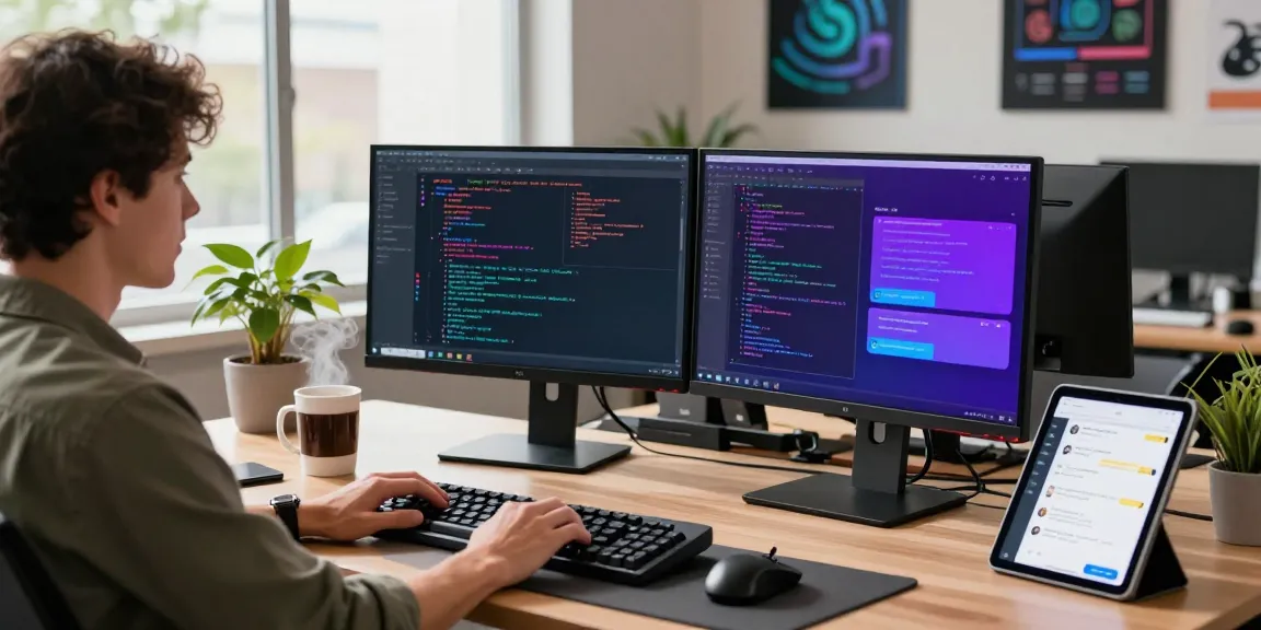 Discover 纸飞机下载 in a vibrant software development workspace featuring a focused developer coding on dual monitors.