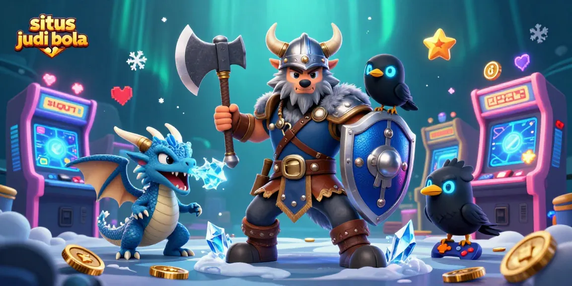 Situs judi bola illustrated scene with a Viking wolf warrior and dragon amidst vibrant gaming elements.