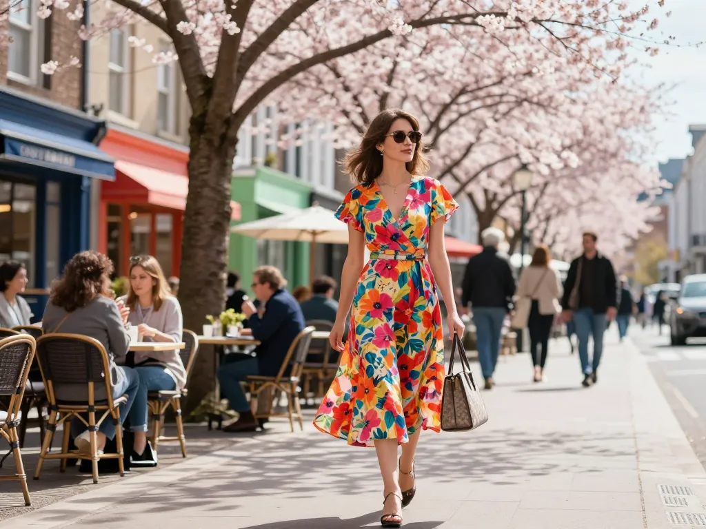 Fashionable woman in a vibrant dress in spring cityscape, showcasing dresses in spring trends.