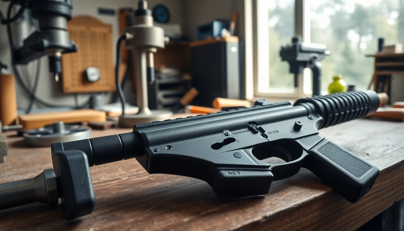 Assembling a polymer 80 lower using precise tools on a well-organized workbench.