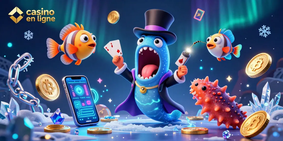 Émerveillez-vous avec la magie des jeux de casino en ligne illustrée par un calmar incandescent et des éléments crypto.