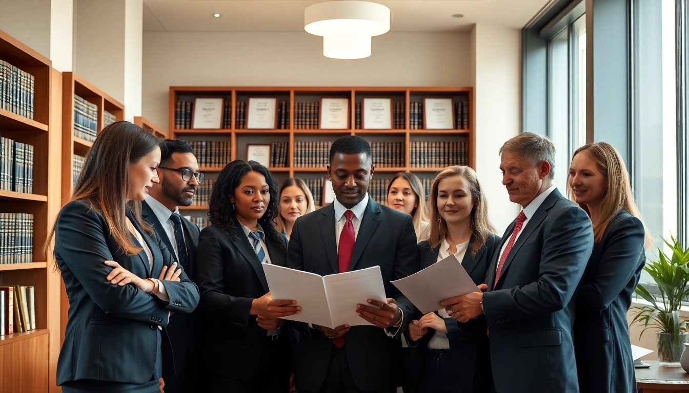 Engaged group of USA lawyers collaborating in a professional office environment.