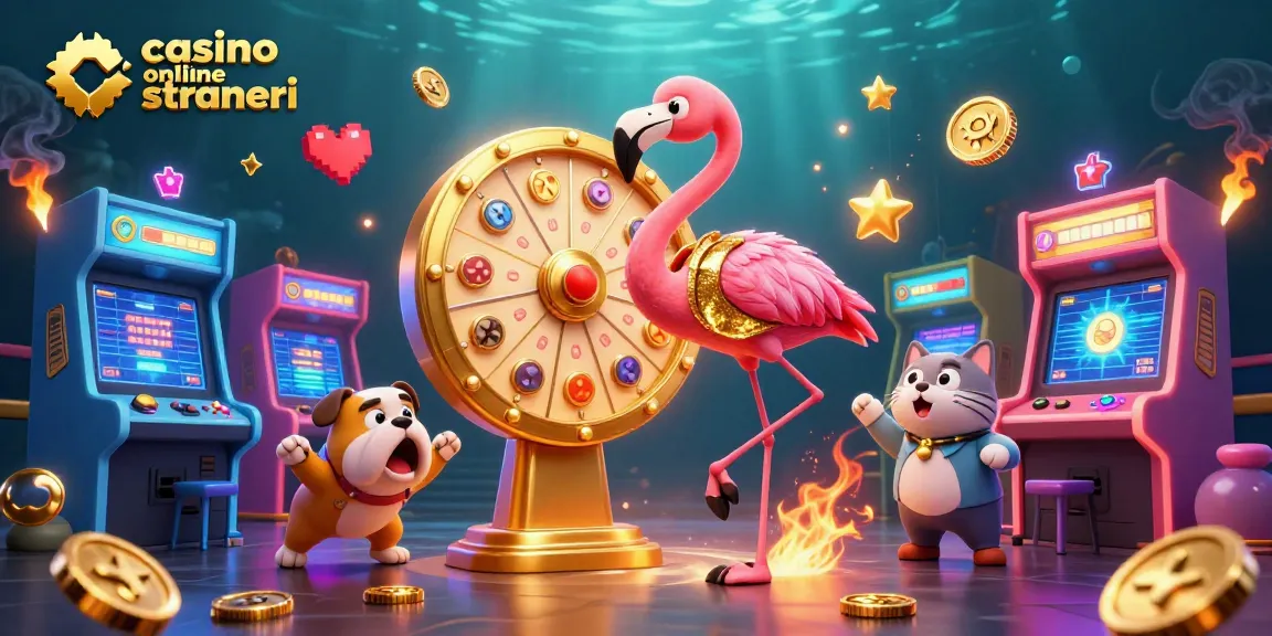 Giocatore eccitato che gira la ruota del premio in un ambiente di casino online stranieri, con colori vivaci e macchine arcade.