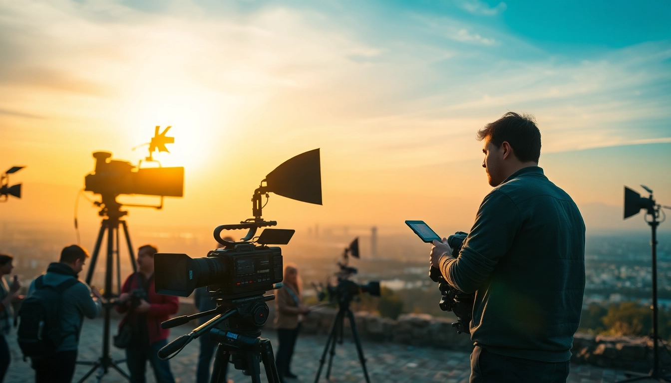 Film Maker adjusting cameras on set amidst a stunning sunset backdrop.
