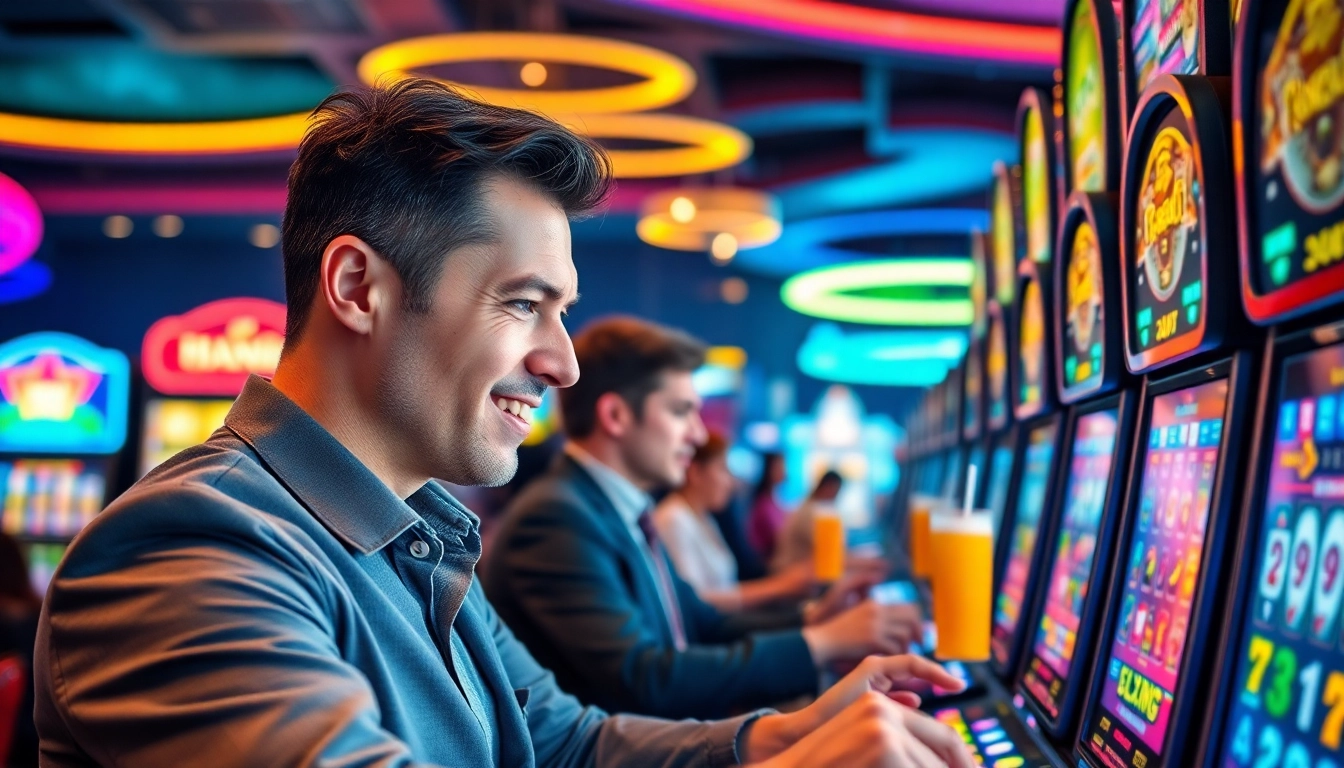 Bermain slot bet kecil dengan penuh semangat di kasino yang ramai.