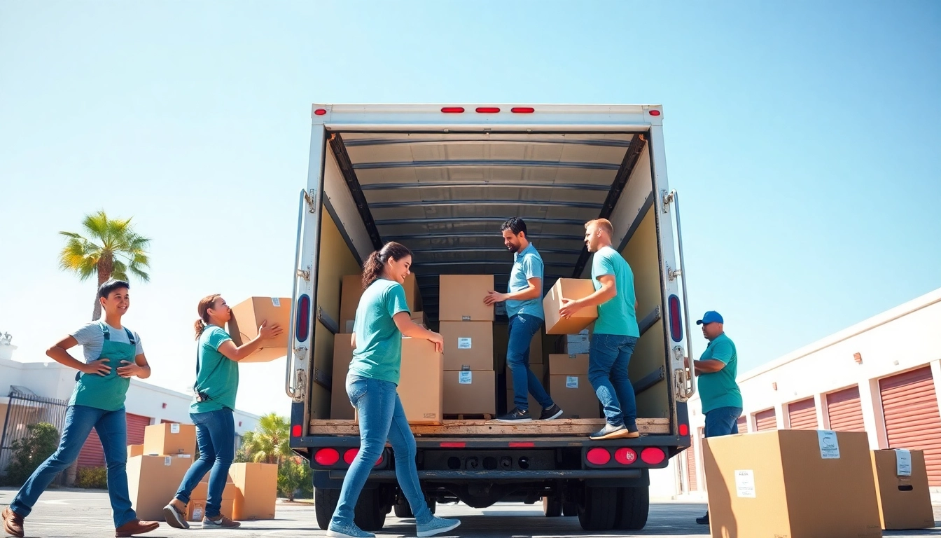 Moving and Storage San Diego: Professional movers loading boxes into a truck under sunny skies.