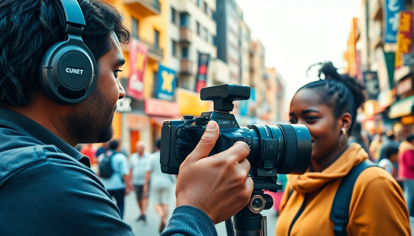 Illustration showcasing Storytelling & Documentary through a filmmaker capturing captivating interviews in an urban setting.