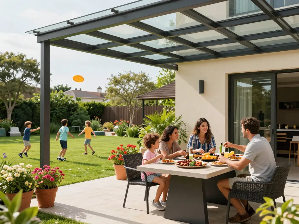 Familie genießt ein sonniges BBQ unter einer stilvollen Terrassenüberdachung in einem lebhaften Garten.