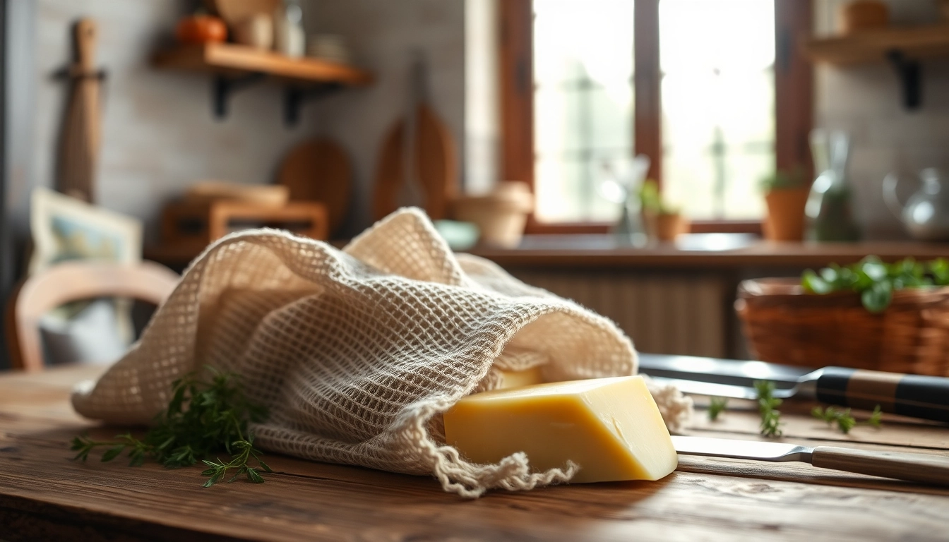 Kaasdoek met verse kaas op een houten tafel in een gezellige keuken.