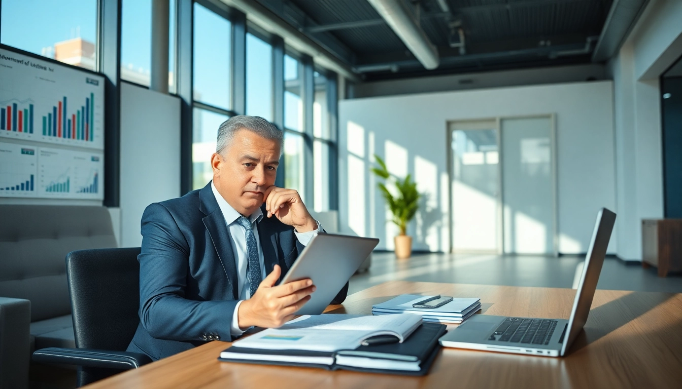Professional SMSF accountant analyzing investment strategies in a modern office.