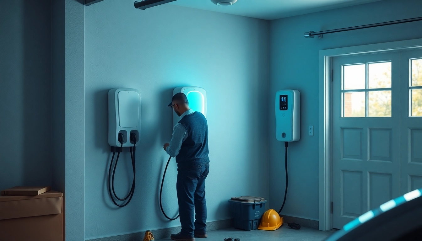 Electric vehicle charger installation price showcased in a professional home setting, with an electrician at work.
