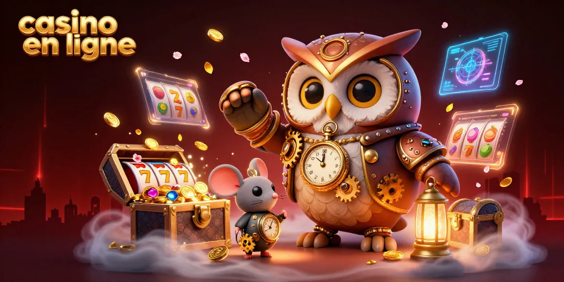 Illustrer une scène immersive de casino en ligne avec un hibou voyageur du temps.