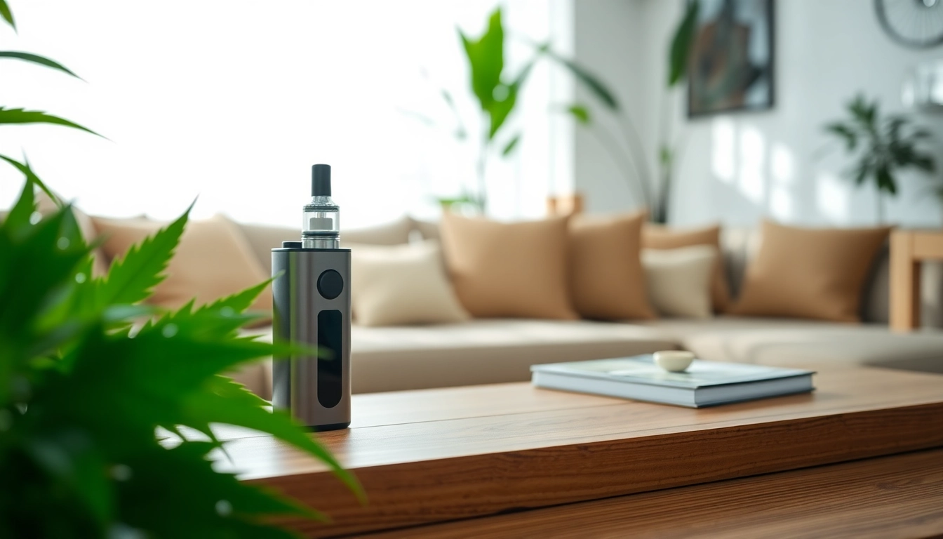 Engaging cbd oil vape device styled with greenery, promoting a calm ambiance.