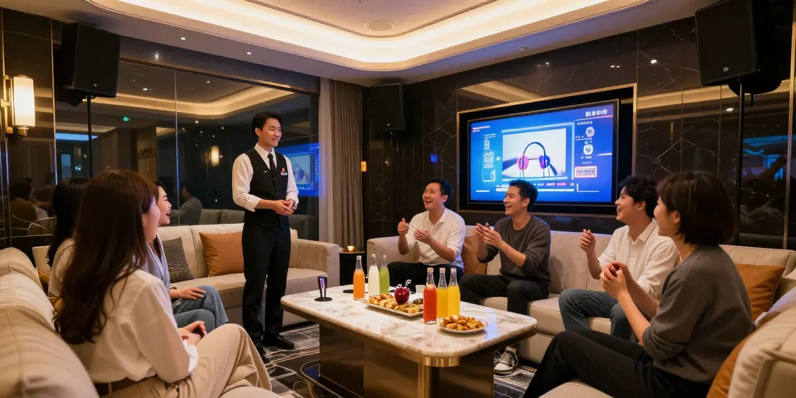 강남쩜오에서 프리미엄 가라오케 경험을 제공하는 세련된 인테리어와 전문 직원의 환영 모습