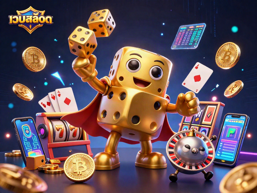 Unleash your luck with เว็บสล็อต featuring dynamic golden dice and vibrant slot reels.
