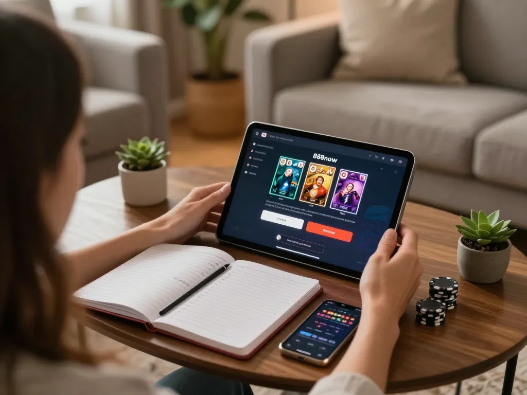 Engaging in 888now đăng nhập, a player reviews poker options on a tablet in cozy home setting