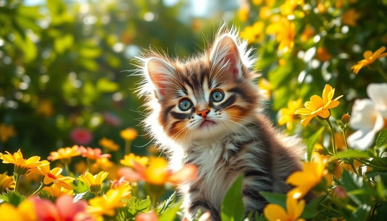 Maine Coon kittens for sale California in a sunny California garden with vibrant flowers.