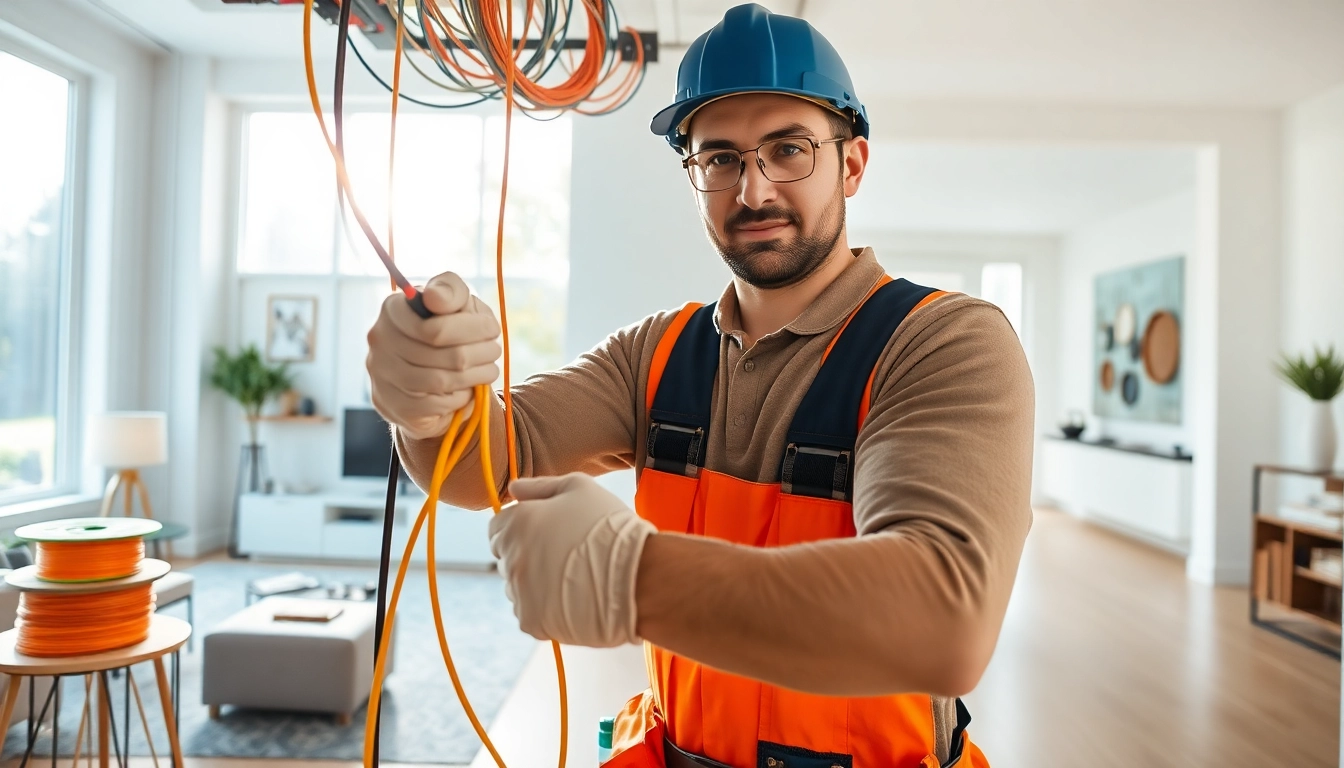 Electrician providing electrical services vancouver in a modern home setting, showcasing vibrant cables.