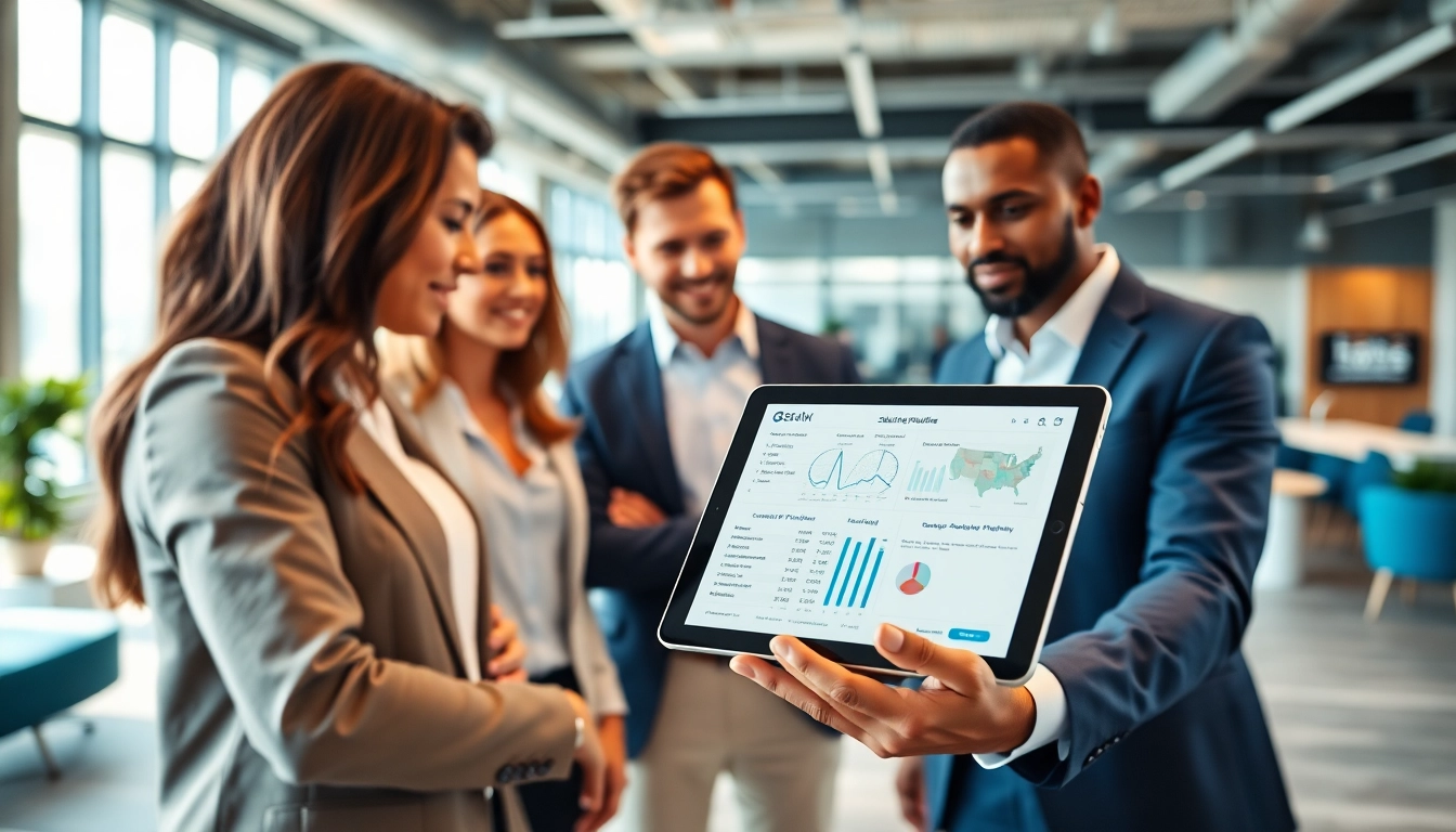 Analyze sales staffing platforms with a diverse team collaborating in a modern office environment.