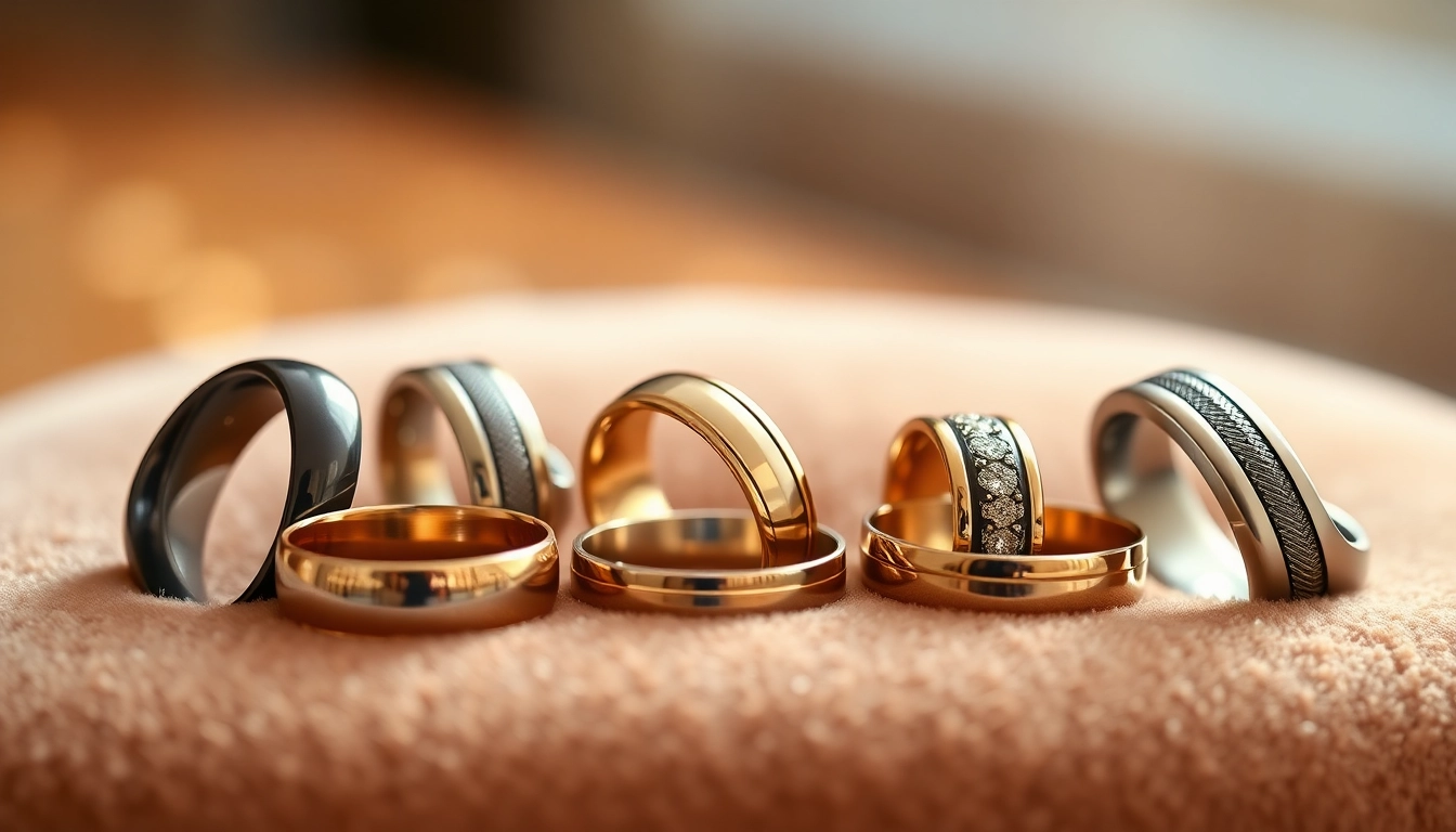 Showcase of diverse mens wedding rings featuring classic and modern styles in an elegant setting.