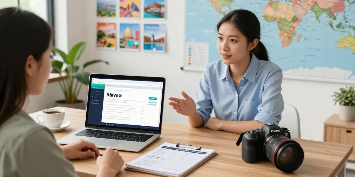 Engaging discussion on travel agent payment options with a customer in a bright travel agency office.