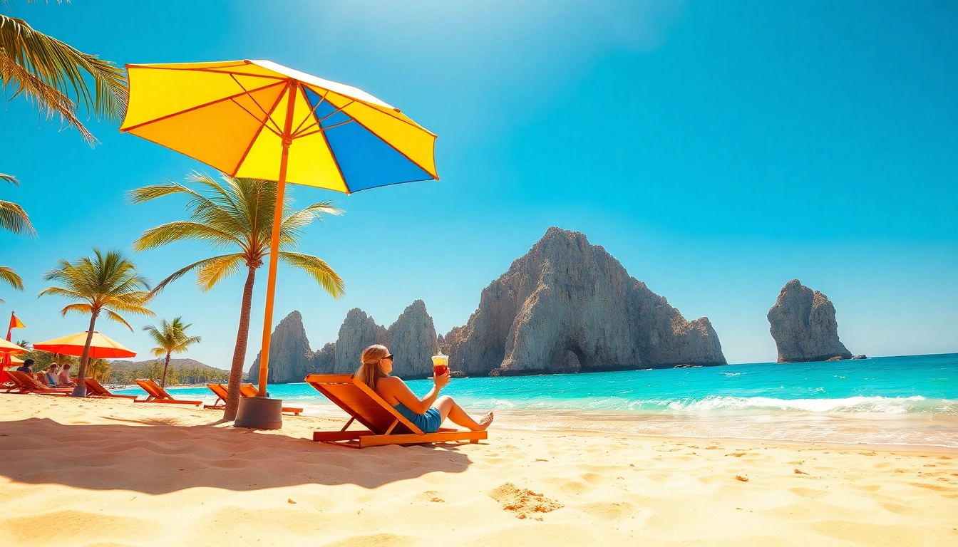 Cabo San Lucas travel scene with a couple relaxing on the beach under colorful umbrellas.